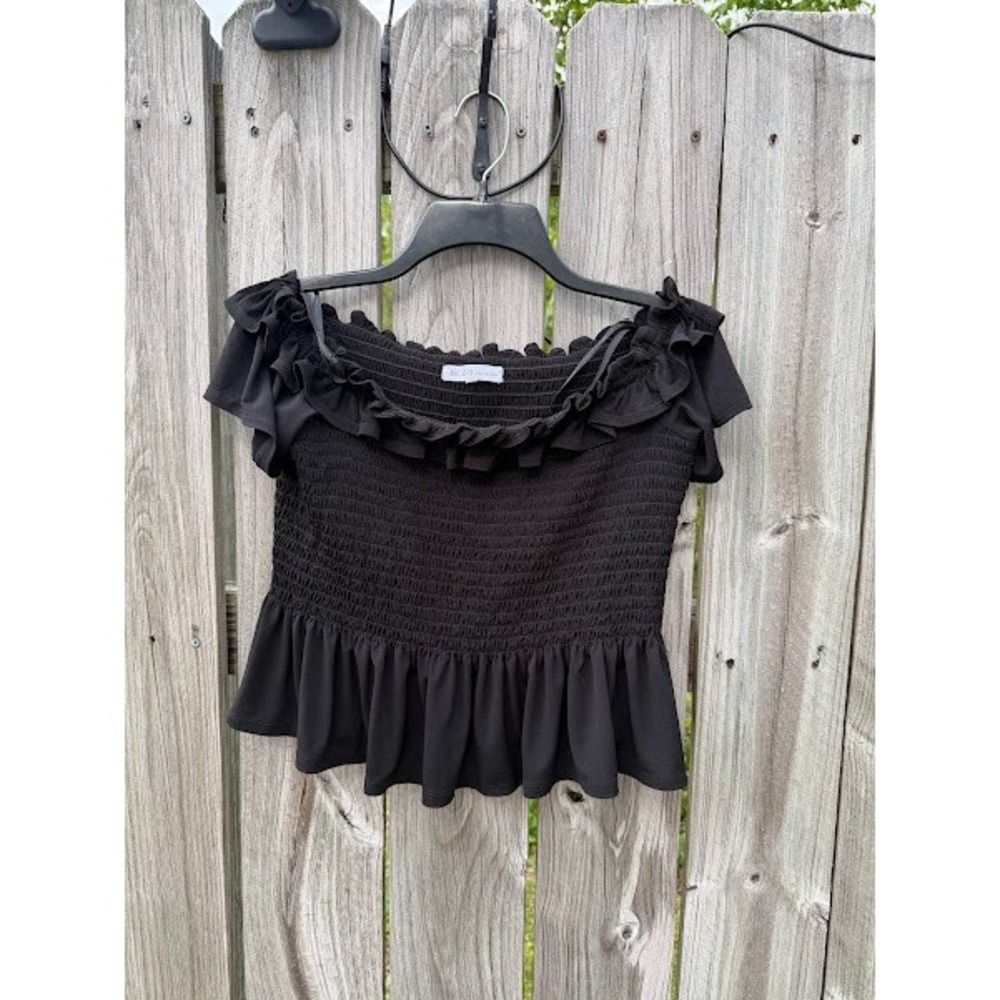 BCBGeneration Black Smocked Off The Shoulder Ruffle Peplum Top Blouse Womens